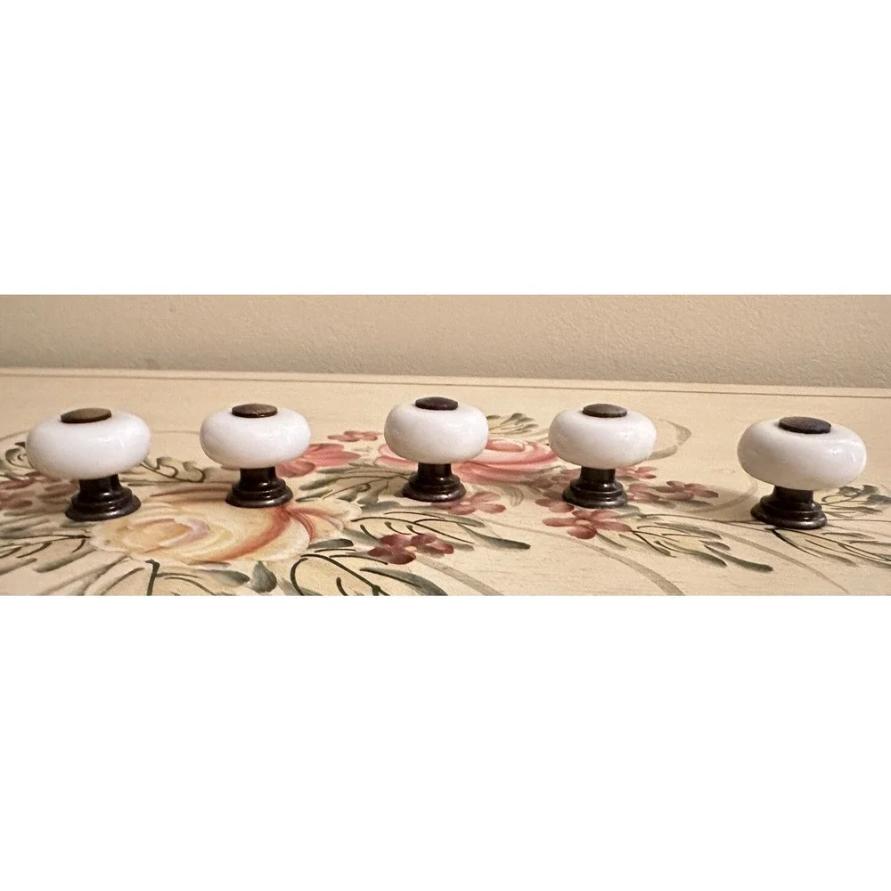 Set of 5 Vintage‎ White Porcelain & Brass Knobs/Pulls~Attic Find~Mushroom Shaped